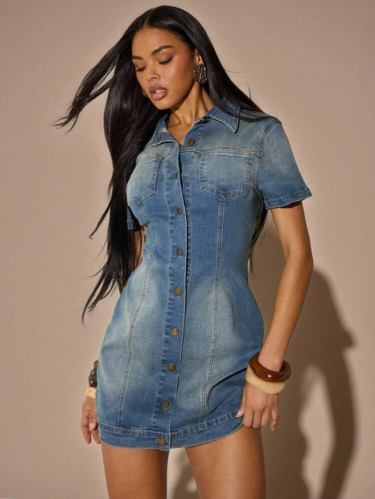 SHEIN BAE Women's Solid Color Casual Short Sleeve Denim Dress,Denim Wash Dress,Y2k Dress,Summer Holiday Outfits,Party Dresses,Casual Dress For Women,Holiday Dresses, Music Festivals, Clubs, Western Parties | SHEIN