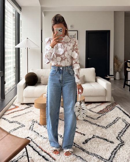 Floral blouse (xs) with barrel high waisted jeans (26) paired with a fun white heel 

#LTKSeasonal #LTKStyleTip