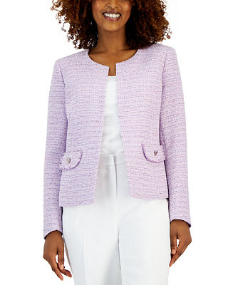 Kasper Petite Tweed Fringe Collarless Open-Front Jacket - Macy's | Macy's