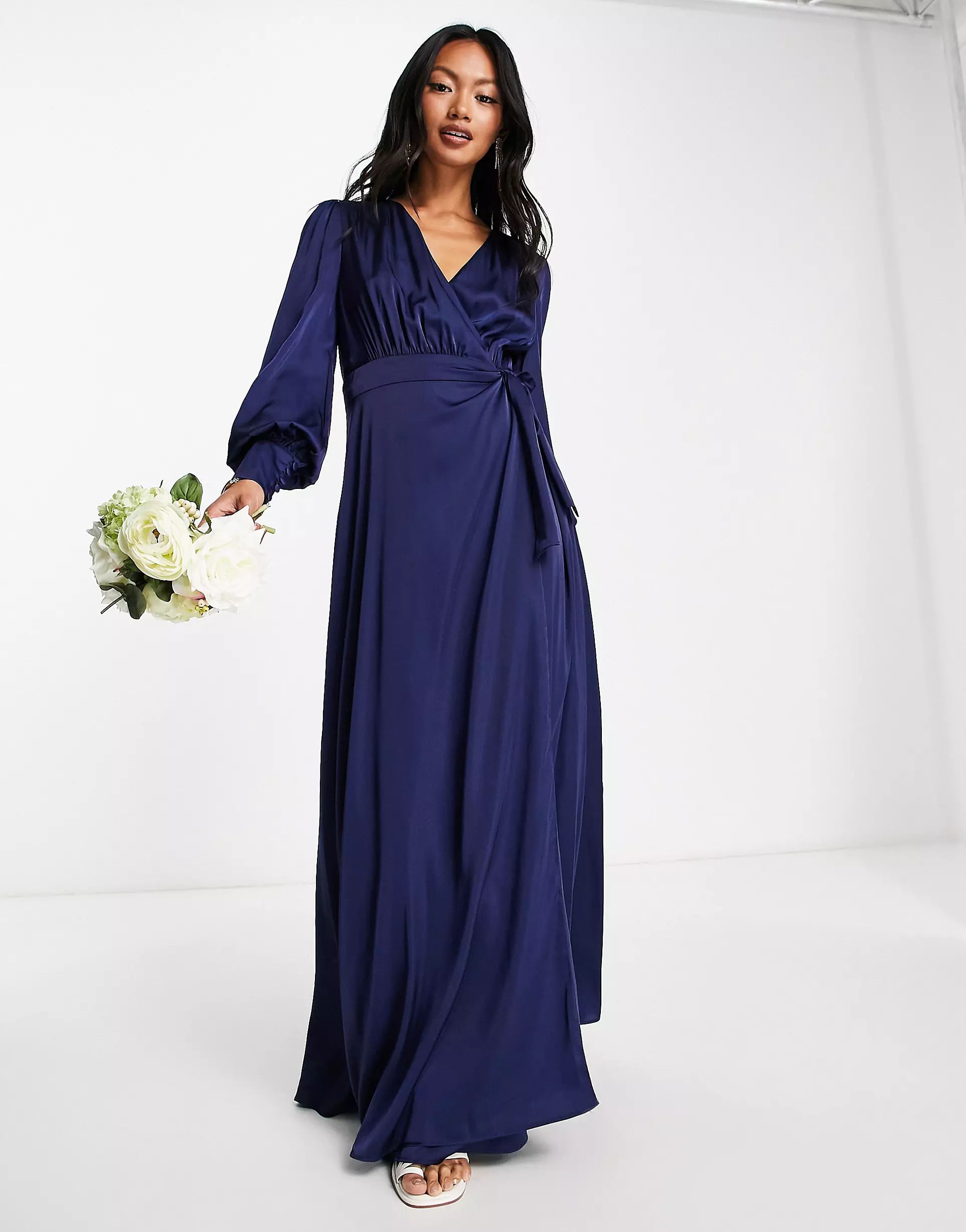 TFNC Bridesmaid long sleeve satin maxi dress in navy blue | ASOS (Global)