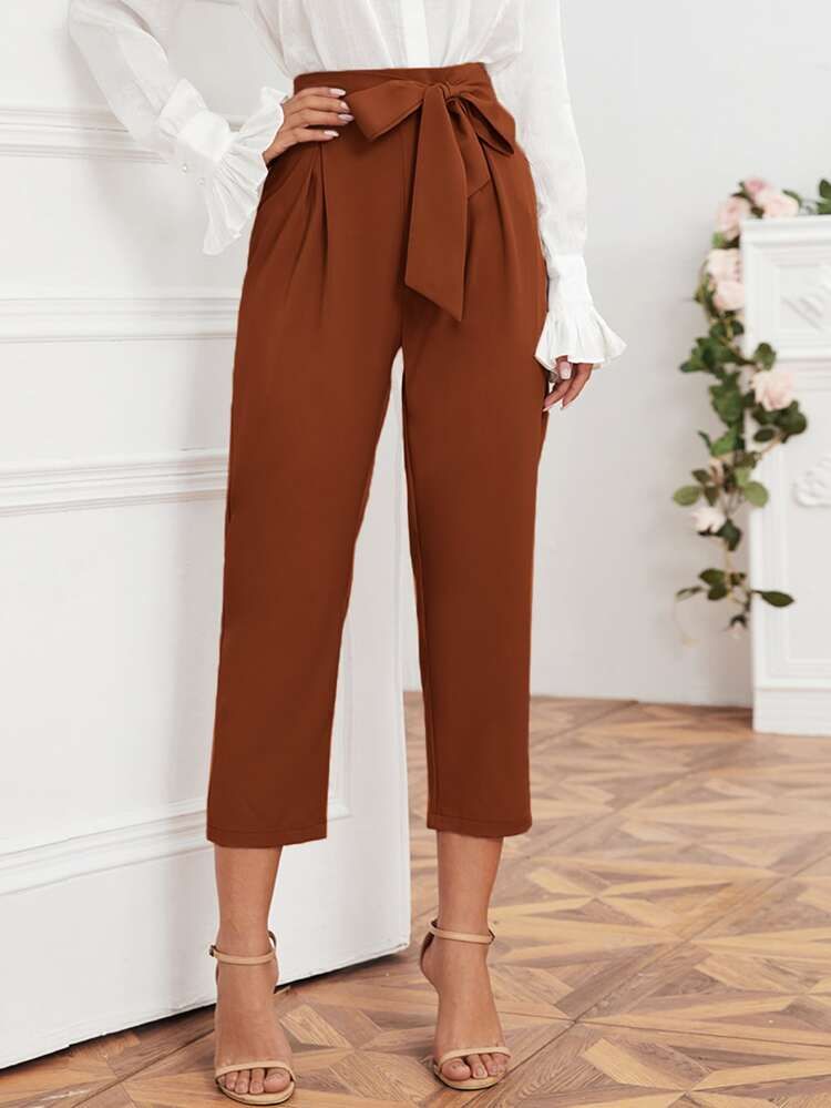 Solid Self Tie Cropped Pants | SHEIN