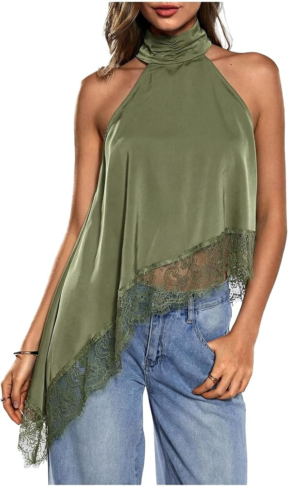Milumia Women's Halter Neck Top Lace Asymmetrical Hem Going Out Tank Tops | Amazon (US)