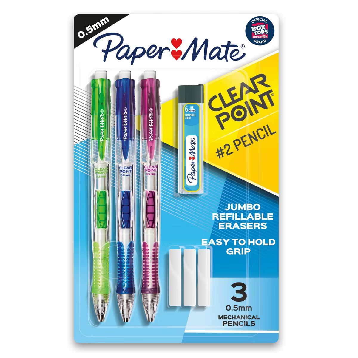 Paper Mate Clear Point 3pk #2 Mechanical Pencils with Eraser & Refill 0.5mm Green/Blue/Purple | Target