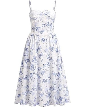 OBEEII Women Corset Dress Floral Bustier Midi Dress Flowy Spaghetti Straps Low Cut Summer Sun Dre... | Amazon (US)
