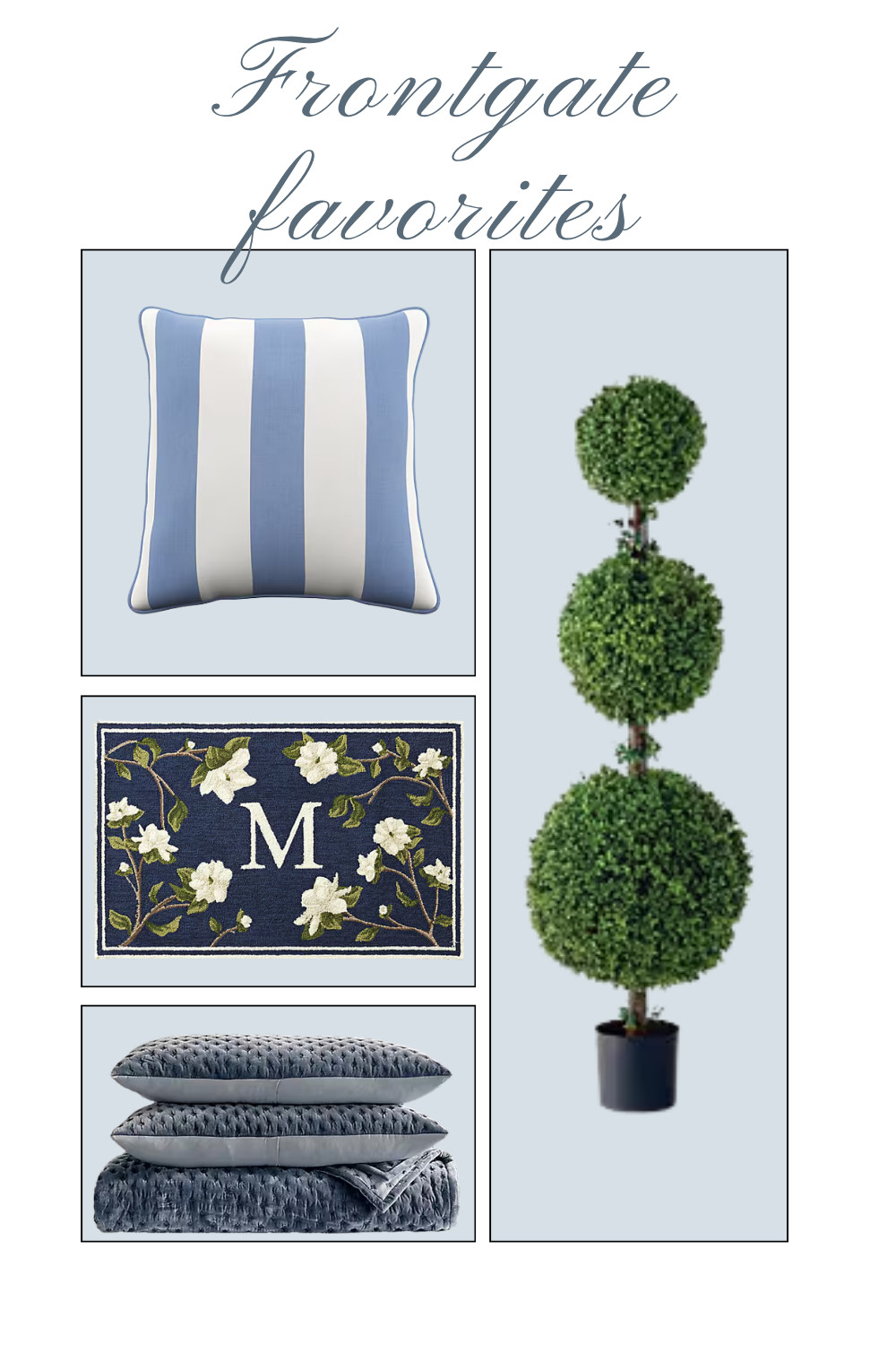 Your top favorite purchases from Frontgate this past week -- a beautiful Magnolia Branch Door Mat, Triple Ball Outdoor Boxwood Topiary, Resort Stripe Indoor/Outdoor Pillow, and Velvet Quilted Bedding! 

 #LTKHome