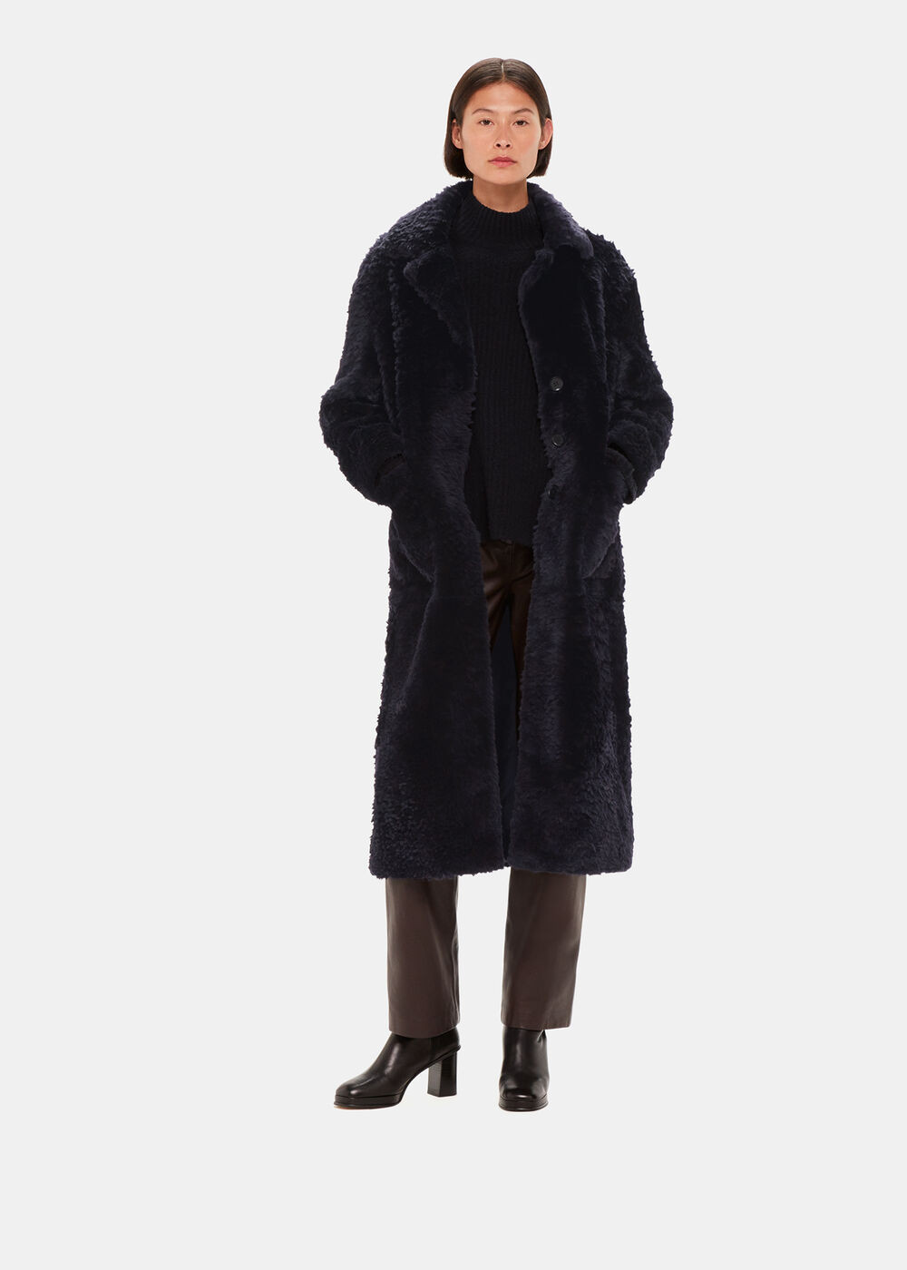 Navy Camille Shearling Coat | WHISTLES | Whistles UK | | Whistles
