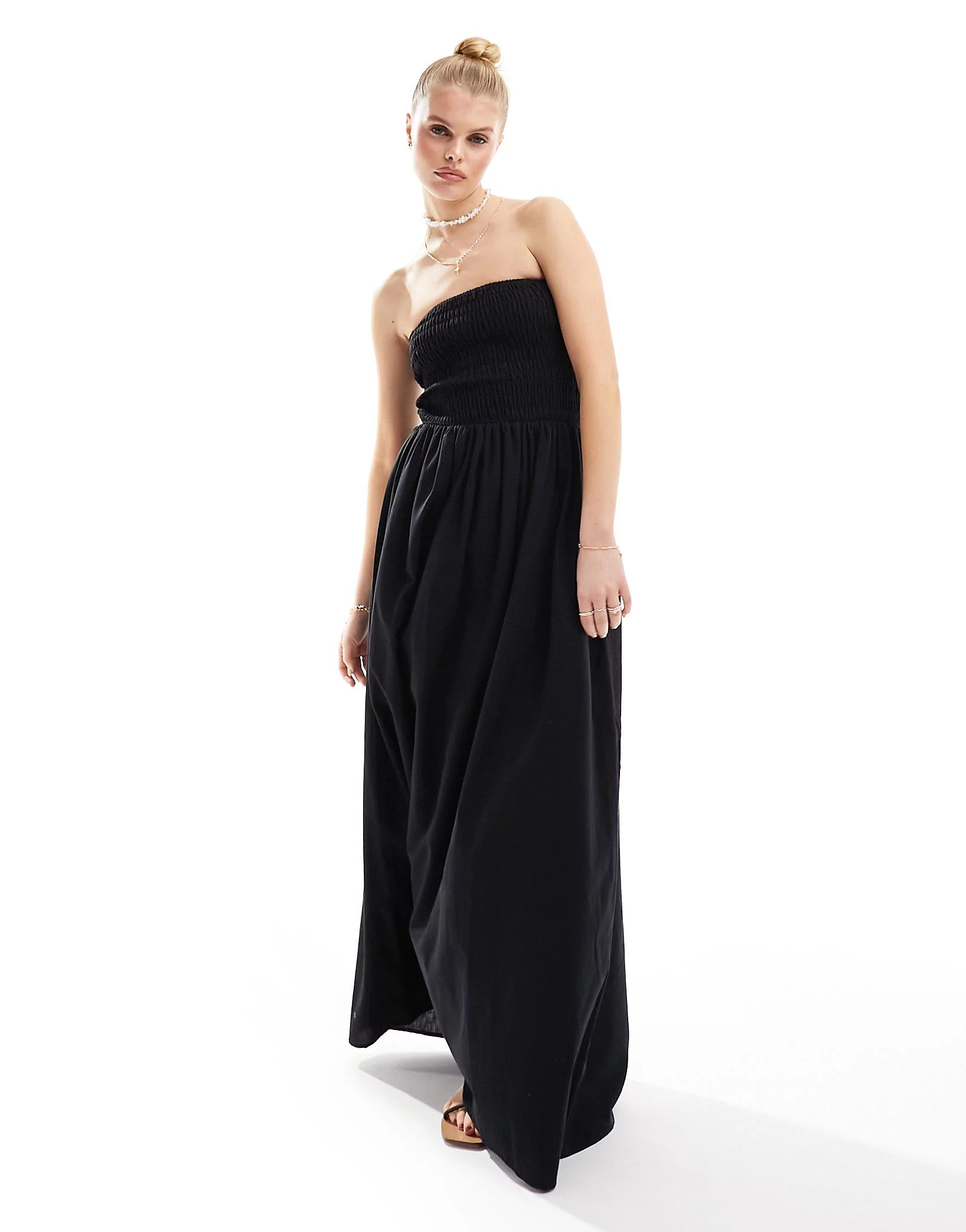 Esmee bandeau beach maxi dress with shirred waist in black | ASOS (Global)
