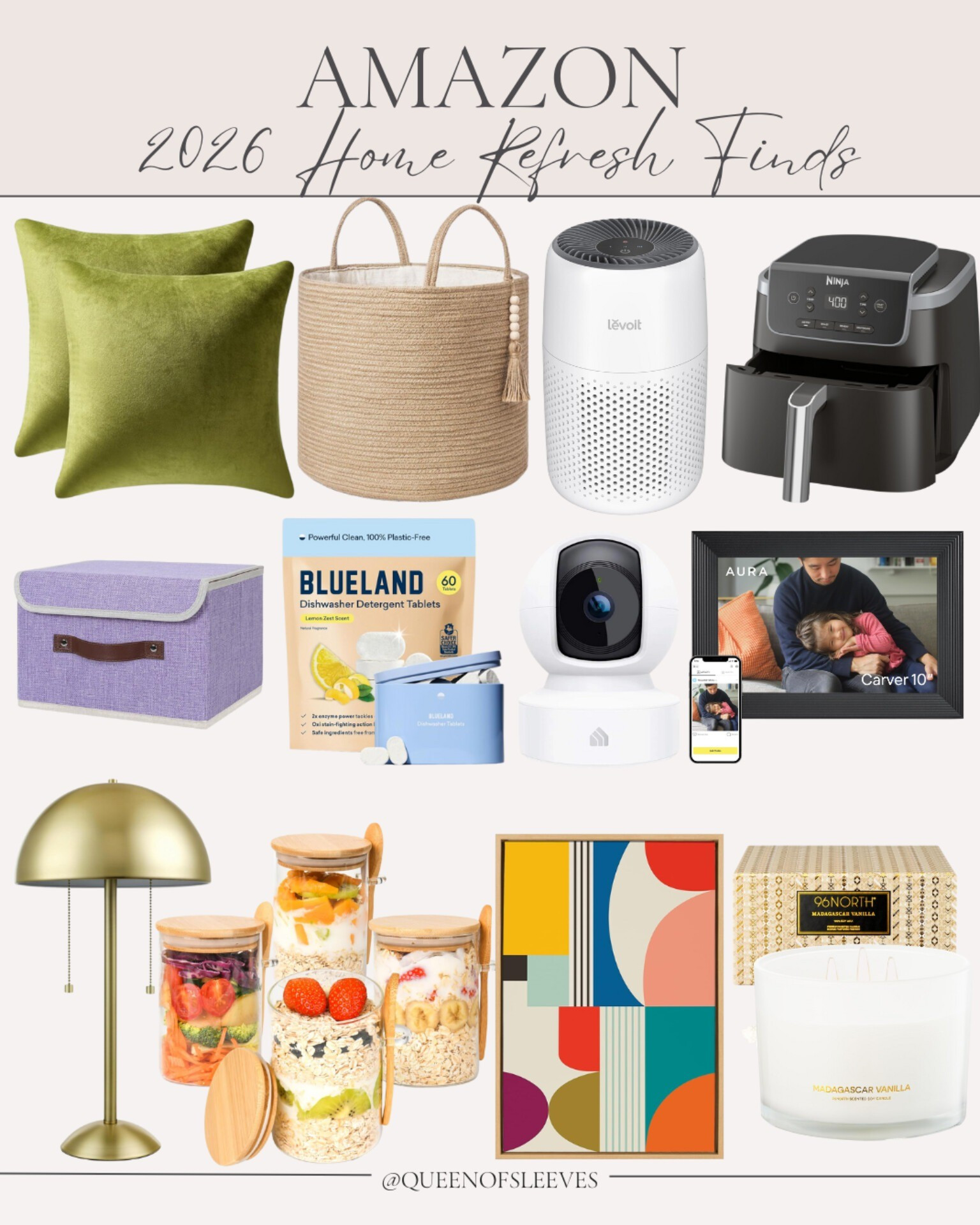 New year, fresh home! 🏡✨ These Amazon home refresh finds are perfect for starting 2026 with a clean, organized, and stylish space. Everything you need to refresh your home is here! Shop all my favorites below!amazon home finds / 2026 home refresh / home organization / velvet pillows / olive green pillows / rope basket / air purifier / ninja air fryer / storage bins / dishwasher tablets / security camera / digital picture frame / gold table lamp / glass storage jars / colorful wall art / vanilla candle / home decor / kitchen essentials / home organization / amazon finds / new year refresh / declutter / home makeover / functional decor / cozy home / modern home / affordable home decor / home improvement / amazon must haves

#LTKGiftGuide #LTKHome #LTKSaleAlert