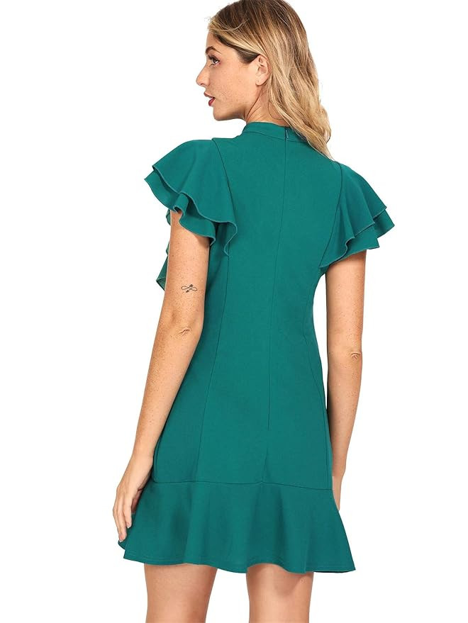 Floerns Women's Tie Neck Short Sleeve Ruffle Hem Cocktail Party Dress | Amazon (US)