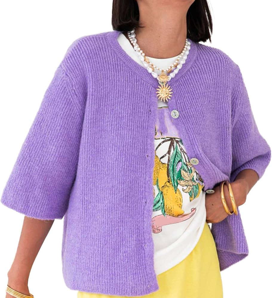 Women Knit Crop Cardigans Y2k Button Open Front Short Sleeve Crew Neck Shrugs Solid Sweater Fall ... | Amazon (US)