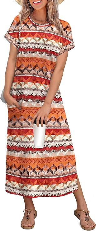 OFEEFAN Womens Maxi Dresses Casual Short Sleeve Long T Shirt Dress with Pockets Travel Vacation O... | Amazon (US)