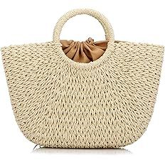 Straw Tote for Women, Straw Beach Bag Summer Large Woven Round Top Handle Handbag Hobo Natural Ra... | Amazon (US)