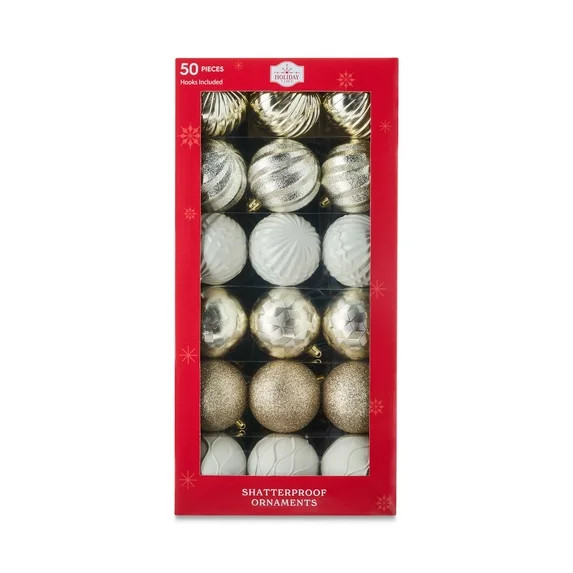 50-Count Champagne Shatterproof Christmas Ball Ornaments, by Holiday Time | Walmart (US)