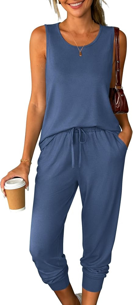 Womens Two Piece Lounge Sets 2026 Summer Sleeveless Outfits Crewneck Tank Tops Joggers Pants Trav... | Amazon (US)