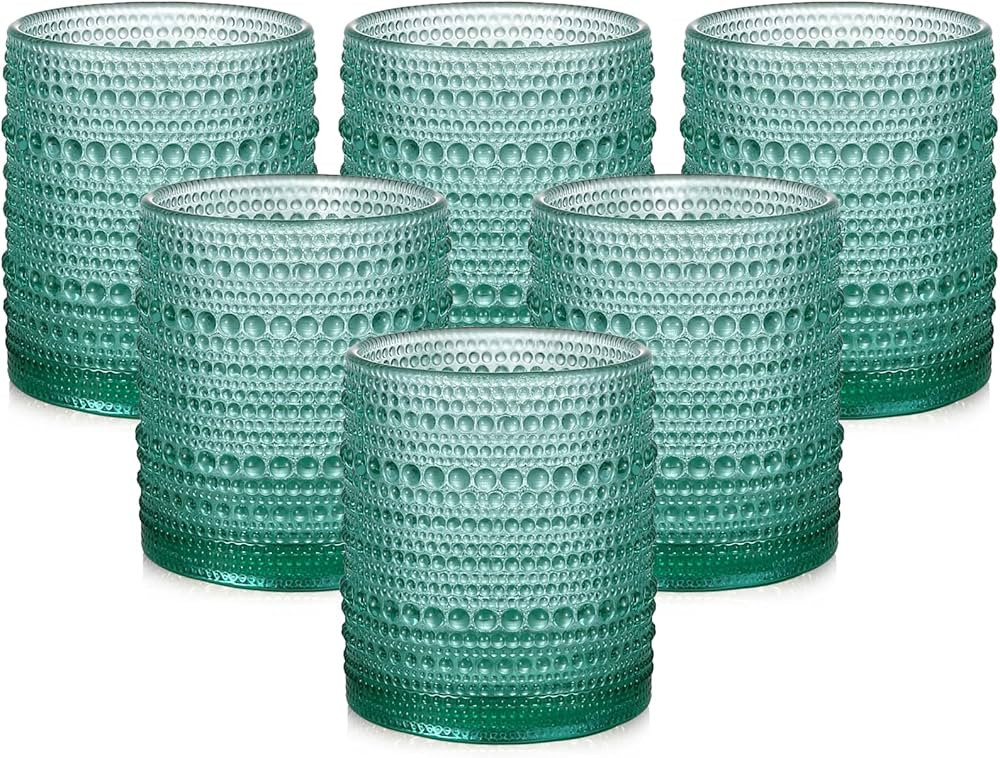 Vintage Glassware Drinking Glasses Set of 6,12 oz Hobnail Glass Cups,Embossed Lake Blue Water Tum... | Amazon (US)