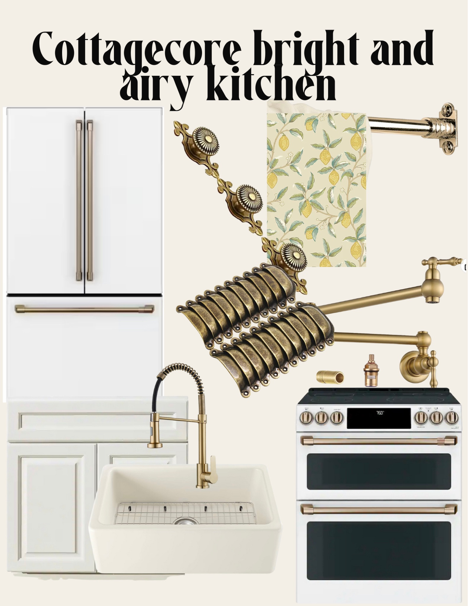 Bright and airy cottagecore kitchen. An all over kitchen update from cafe curtains, brass kitchen hardware and faucet to farmhouse sinks and aesthetic appliances 

#LTKhome #LTKunder100 #LTKsalealert
