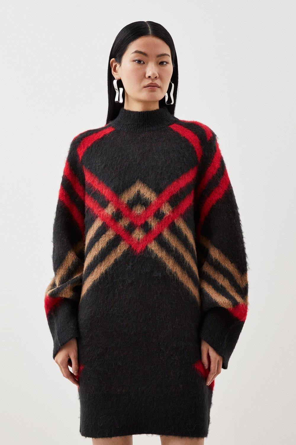 Brushed Jacquard Check Knit Mini Dress | Karen Millen US