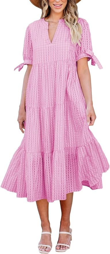 Theenkoln Womens Casual Midi Dress: Short Sleeve V-Neck Empire Waist Gingham Spring Fashion Long ... | Amazon (US)