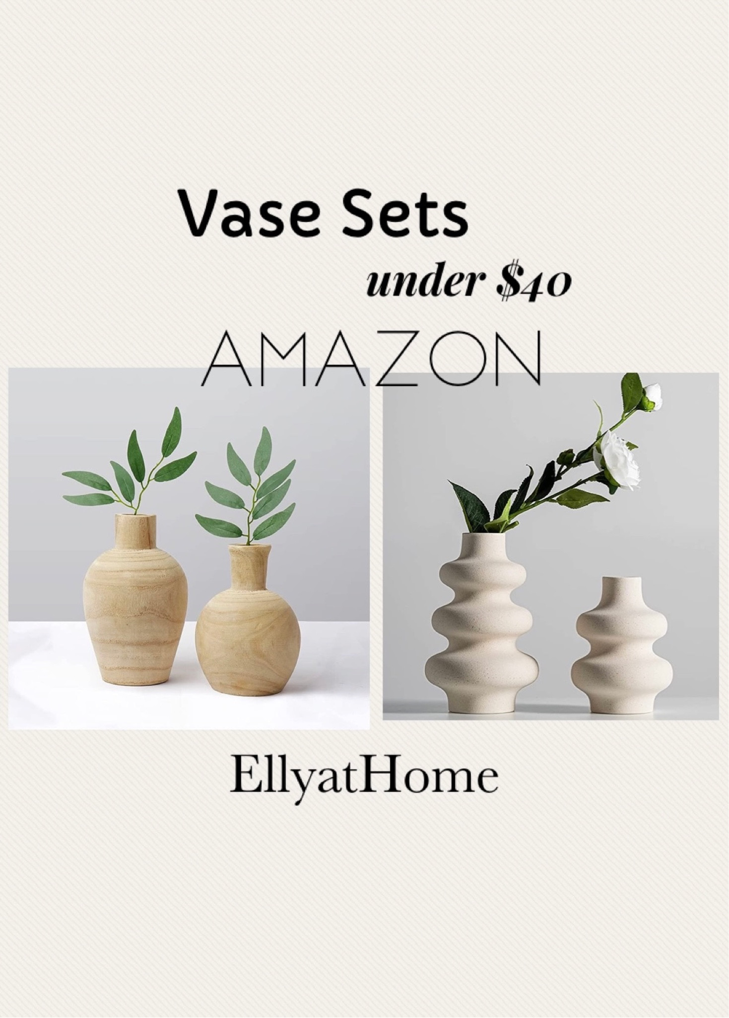 Vase sets from Amazon for simple, neutral styling. Wood vases and ceramic vases. Fresh flowers, faux flower arrangements. Faux flower links. Home decor accessories. Summer decor. Living room, dining room, bathroom, kitchen, bathroom. 

#LTKunder50 #LTKhome #LTKstyletip