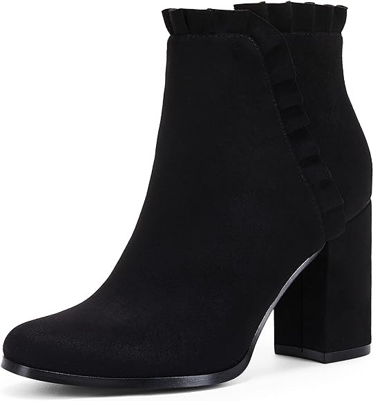 Ermonn Womens Chunky Block Heel Ankle Boots Faux Suede Ruffle Fall Winter Western Booties | Amazon (US)