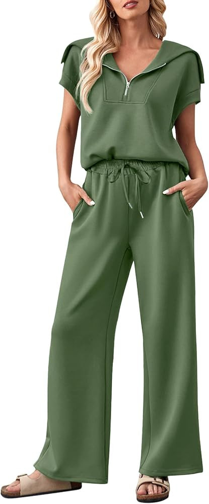 MEROKEETY Women 2 Piece Set Summer Outfits Sweatsuit Half Zip Cap Sleeve Sweatshirt Wide Leg Swea... | Amazon (US)