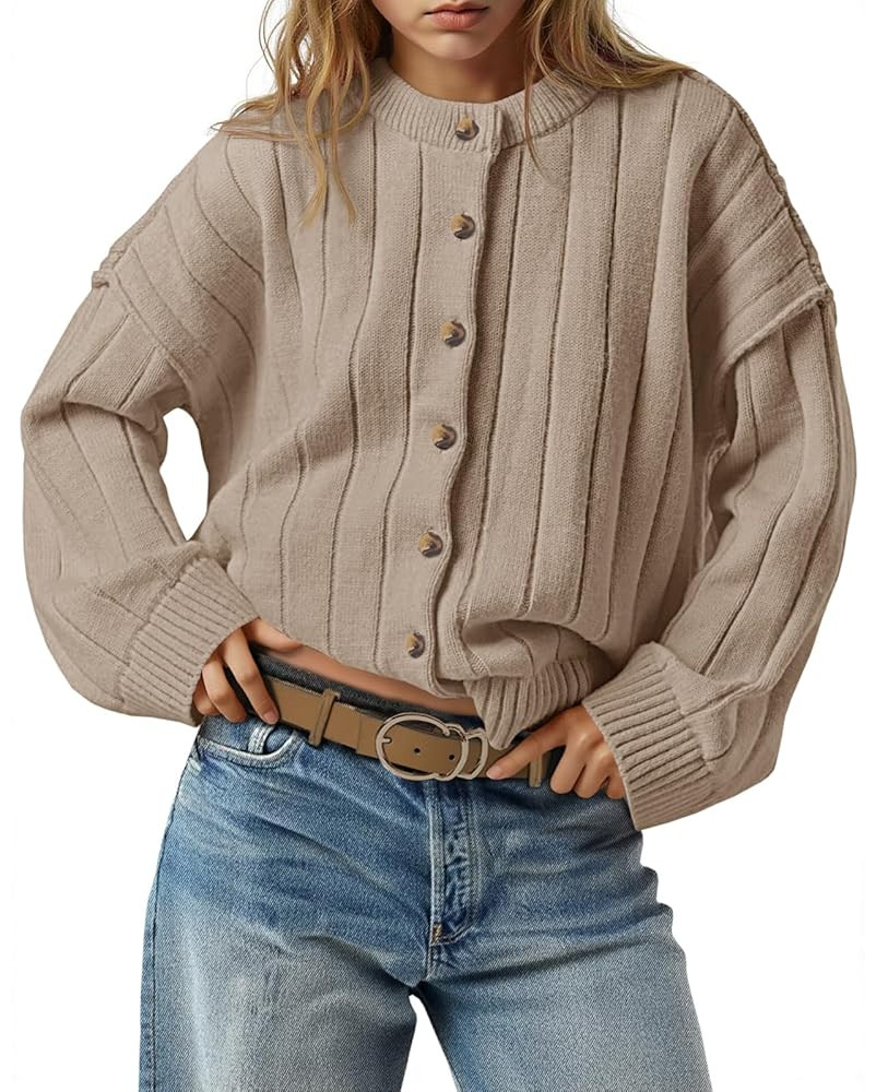 Saodimallsu Womens Open Front Cardigan Sweaters Button Down Knit Long Sleeve Crewneck Casual Loos... | Amazon (US)