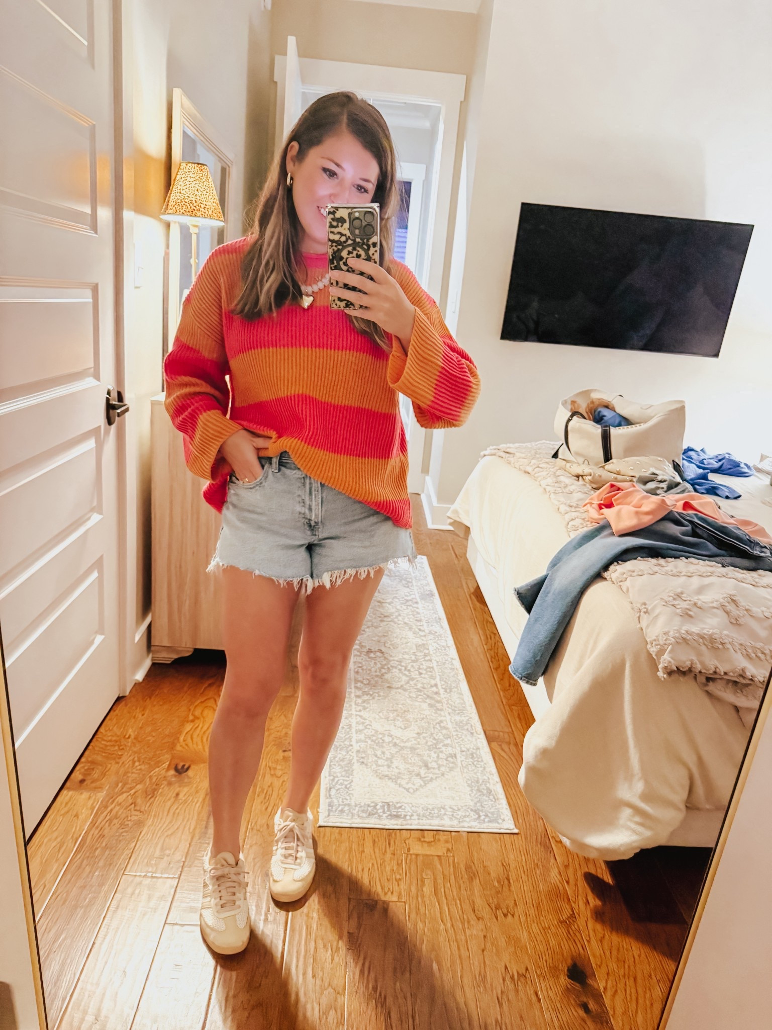 Spring transitional outfit, Abercrombie, denim shorts 

Wearing 29 in shorts and medium in sweater 

#LTKootd