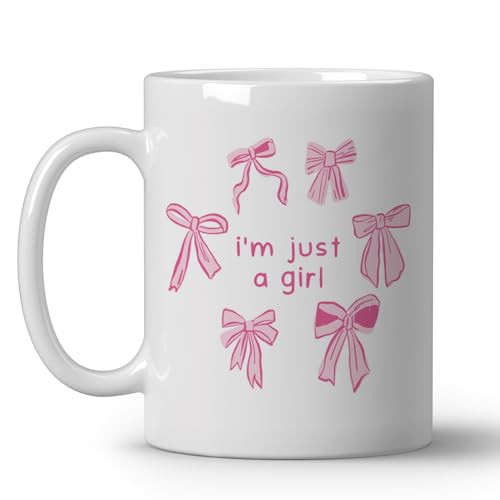 JKMBN Preppy Coquette Pink Bows Coffee Mugs, Cute Gifts For Women Girls, I Am Just A Girl Ceramic Coffee Mug, Pink Girly Coffee Cup, 11oz Ceramic Cup White | Amazon (US)