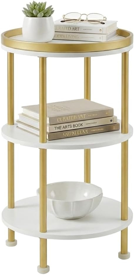 Small Round Side Table, Gold Round End Table with White Shelves, 3-Tier Modern Nightstand for Bed... | Amazon (US)