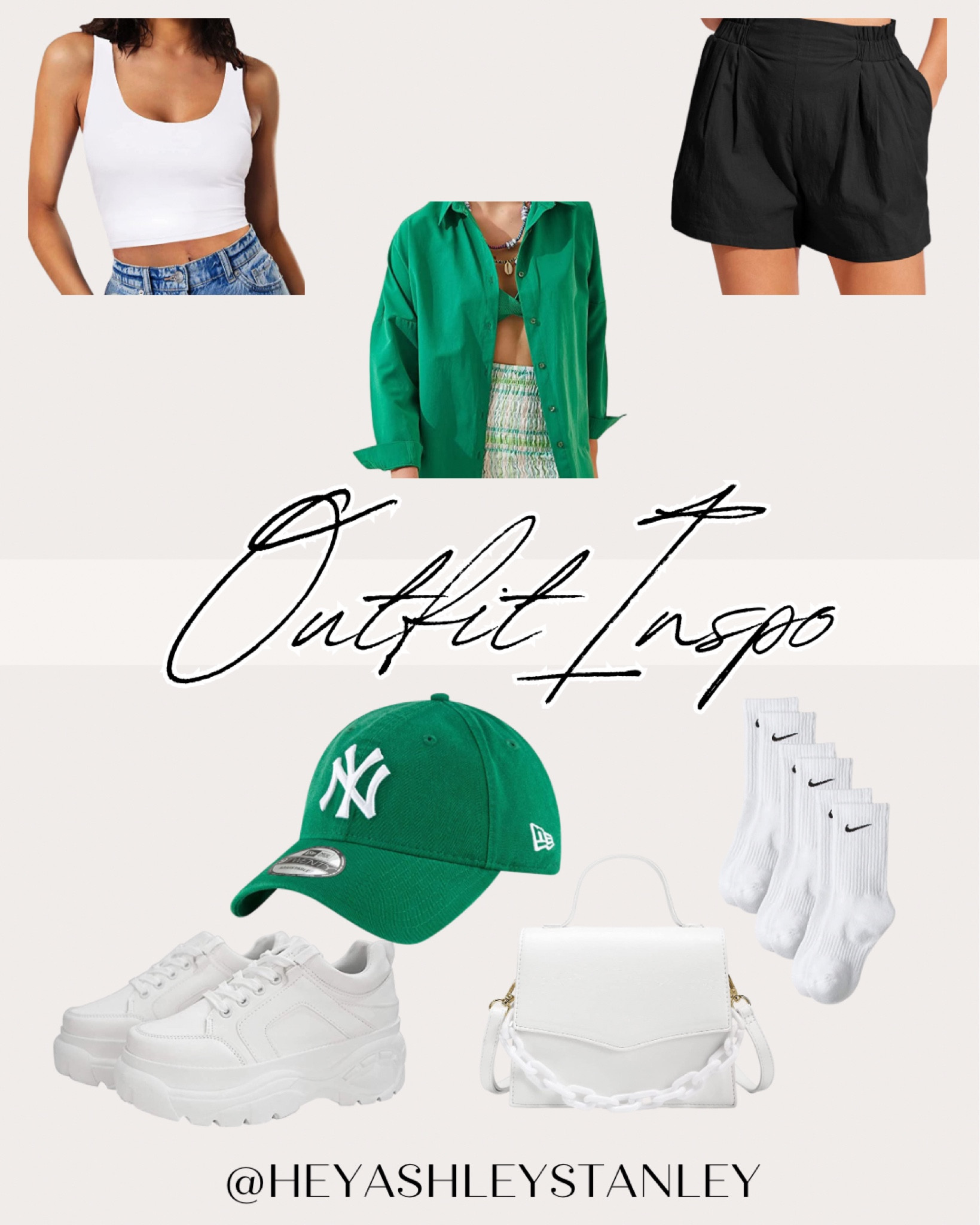 Feeling green with envy? 😜 This casual outfit is perfect for a spring day out! An oversized astro green button-down paired with black shorts and a white shirt is a fun pop with a classic look. Plus, add a green Yankees hat and cute cross-body purse, and you're ready to go! 🌿 #SpringOutfit #CasualChic #AstroGreen #Monochrome #YankeesHat #Sneakers #OOTD | Keywords: Casual outfit, spring outfit, green outfit, astro green, black shorts, white shirt, Yankees hat, sneakers, cross-body purse, monochrome look, oversized button-down, casual chic, refreshing twist, fashion inspiration, outfit idea, cute outfit, spring fashion, outfit of the day, fashionista, fashion blogger.

#LTKunder100 #LTKcurves #LTKSeasonal