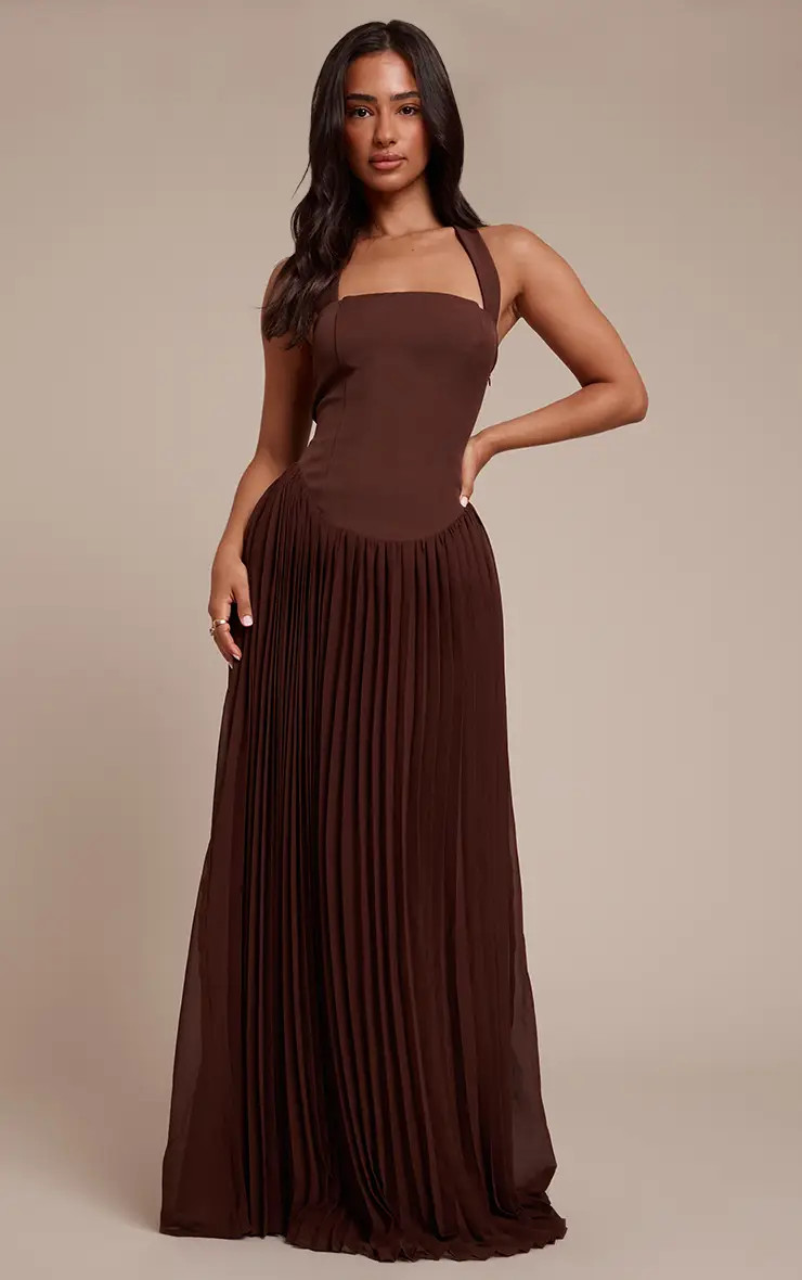Dresses | Petite Chocolate Halterneck Plisse Maxi Dress | PrettyLittleThing | PrettyLittleThing US