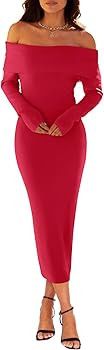 MEROKEETY Women's Fall Off Shoulder Bodycon Sweater Dress 2025 Formal Long Sleeve Elegant Club Pa... | Amazon (US)