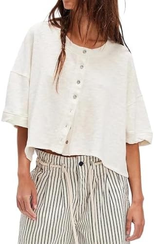 Foidiccx Womens Open Front Button Down Tee Drop Shoulder 3/4 Wide Sleeve Y2k Cute Going Out Shirt... | Amazon (US)