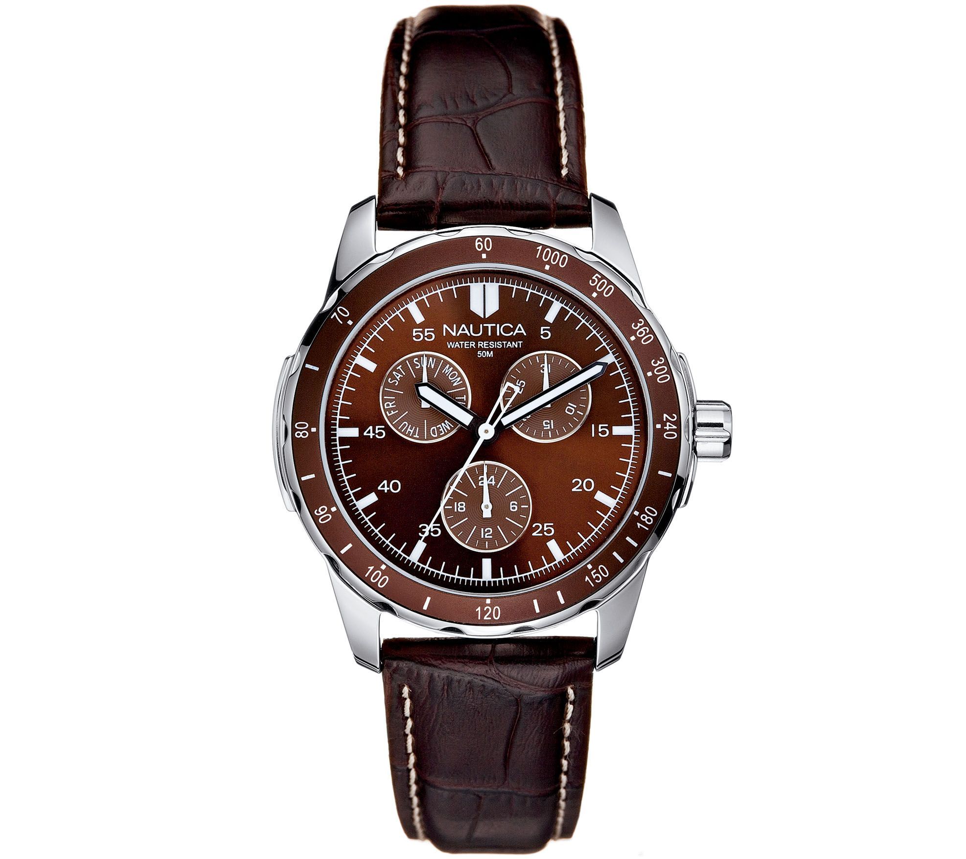 Nautica Men's Stainless Steel Brown Leather Strap Analog Watc | QVC