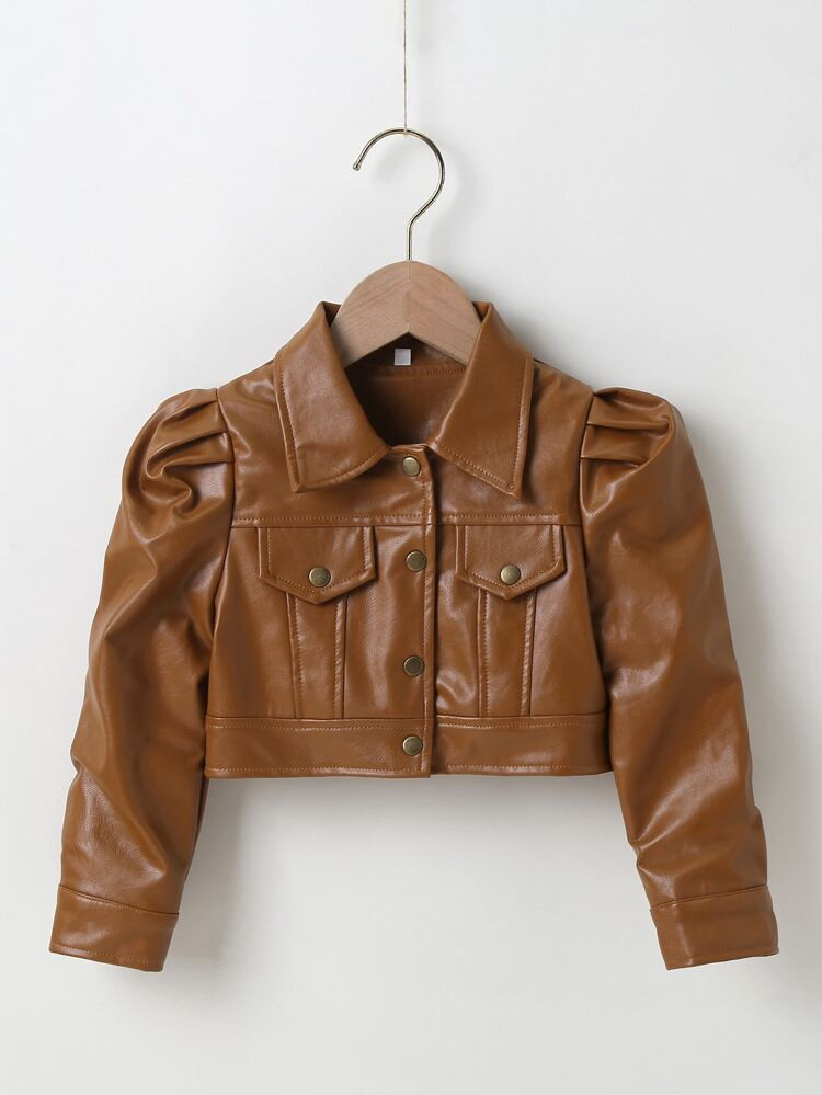 Toddler Girls PU Leather Puff Sleeve Crop Jacket | SHEIN