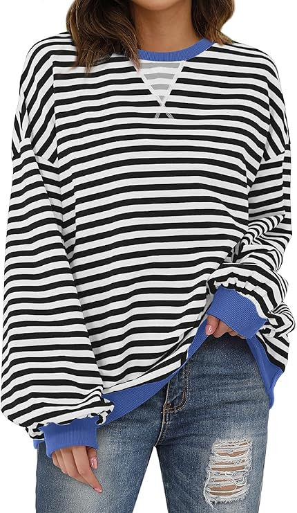 XIEERDUO Womens Crewneck Oversized Sweatshirt Striped Color Block Tops Long Sleeve Shirts Pullove... | Amazon (US)