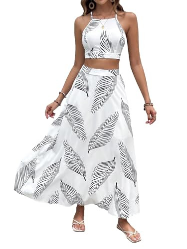 Amazon.com: BEAUDRM Women's 2 Piece Outfits Tropical Print Beach Outfits Tie Cami Crop Top and Sp... | Amazon (US)