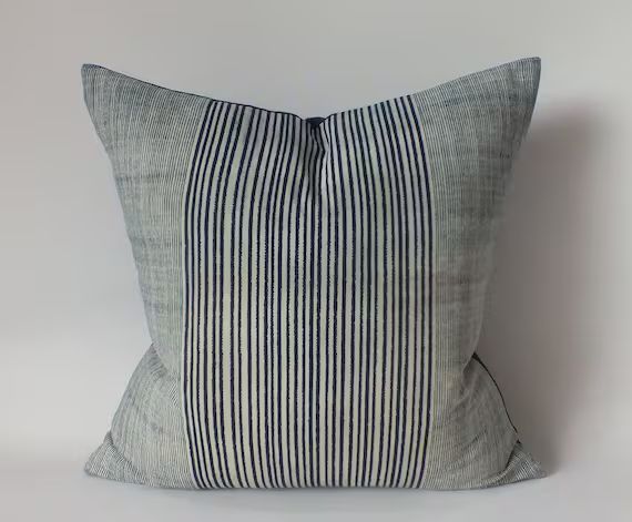 Blue Striped Pillow Cover Throw Cushions cover Handmade Fabrics Accent Pillow Boho Pillowslip Bea... | Etsy (US)