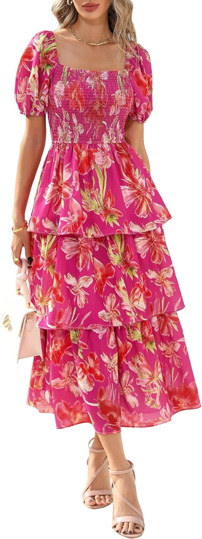 BTFBM Womens Square Neck Smocked Dress Summer Puff Short Sleeve Floral Casual Ruffle Tiered Maxi ... | Amazon (US)