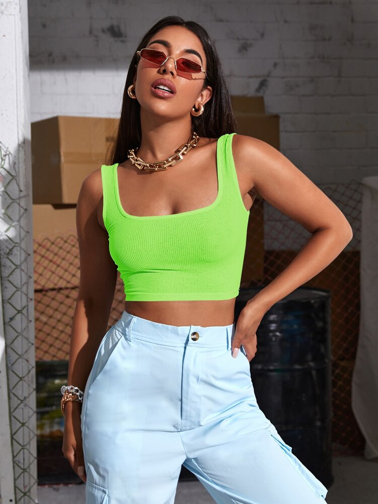 Square Neck Rib-knit Crop Tank Top | SHEIN