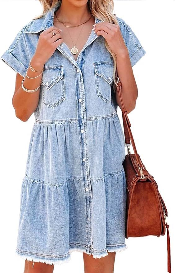 Astylish Women Buttoned Denim Dress Short Sleeve Casual Ruffled Mid Pom Pom Jean Dress | Amazon (US)