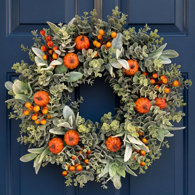 20-22" Fall Eucalyptus Wreath with Pumpkin, Front Door Farmhouse Home Decor | UV Resistant Artifi... | Amazon (US)