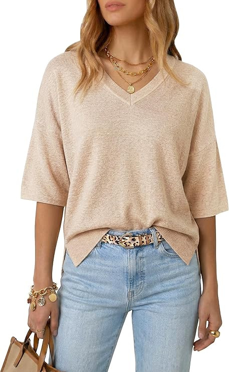 Arach&Cloz Women's Wool Blend Elbow Sleeve Summer Oversized Casual Sweater | Amazon (US)