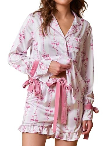 NUFIWI Women Christmas Bow Pajamas Set Santa Print Long Sleeve Button Shirt Ruffle Shorts 2 Piece Cute Bow Tie Pj Holiday Sleepwear(Leisure Bow Pink,S) | Amazon (US)