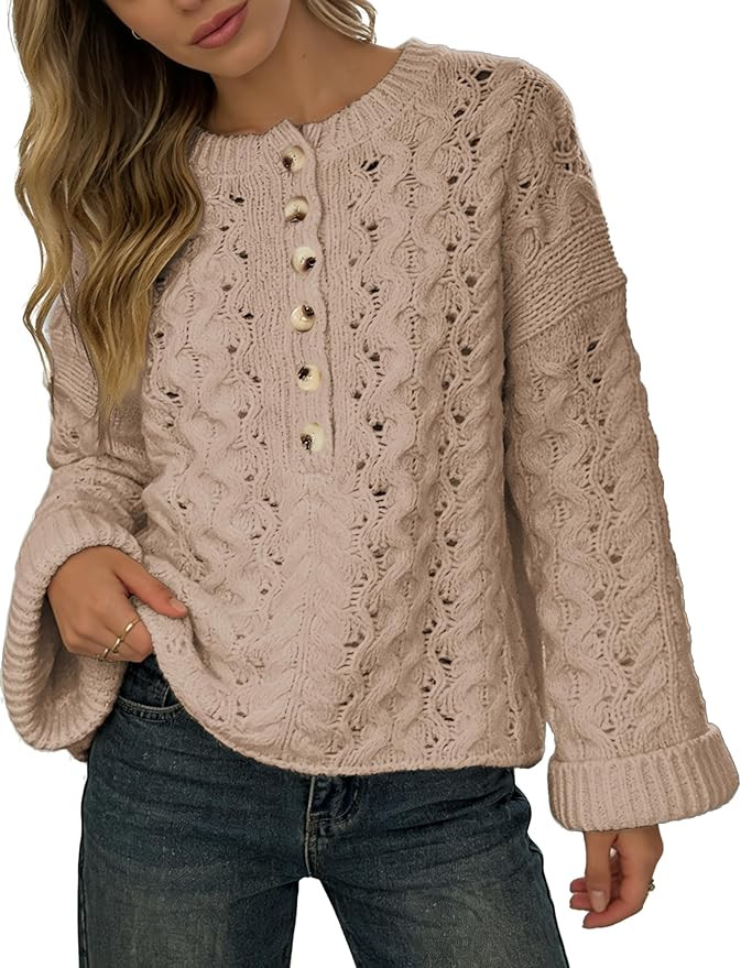 HOWALOOK Women's Chunky Cable Knit Sweater Casual Long Sleeve Crewneck Crochet Pullover Boho Fall... | Amazon (US)