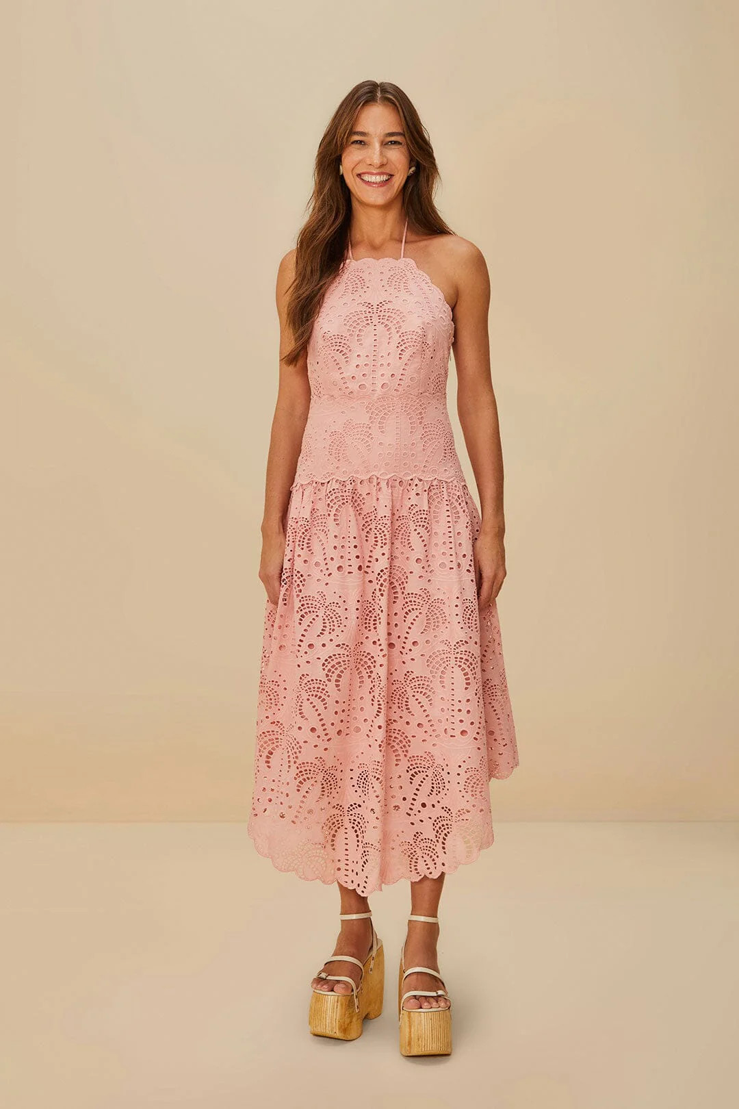 Blush Pink Palm Tree Eyelet Midi Dress | FarmRio (US)