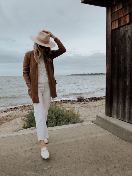 Camel sweater - cream sweater - white denim - white loafers - hat - sunglasses - woven bag - TTS 