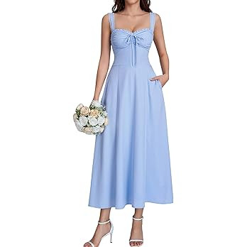 Floral Corset Midi Wedding Guest Bridal Shower Dresses for Women 2026 Summer Lace Up Flowy Dress ... | Amazon (US)