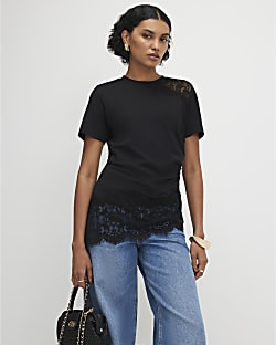 Black Cotton Short Sleeve Lace Aysmmetric Top | River Island UK & IE