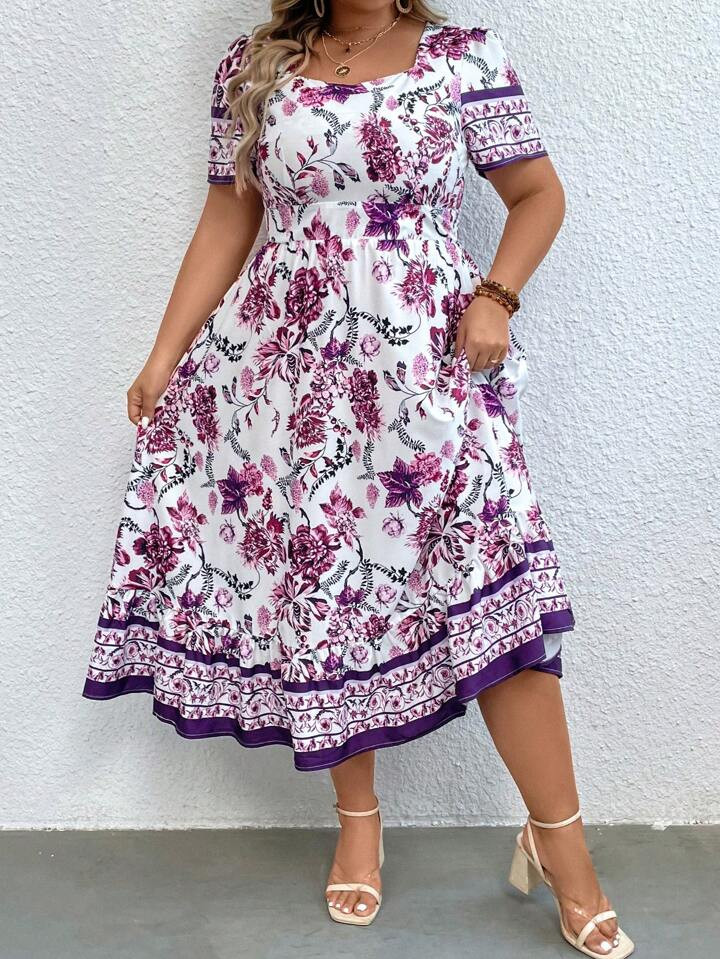 SHEIN VCAY Plus Floral Print Square Neck Ruffle Hem Dress | SHEIN